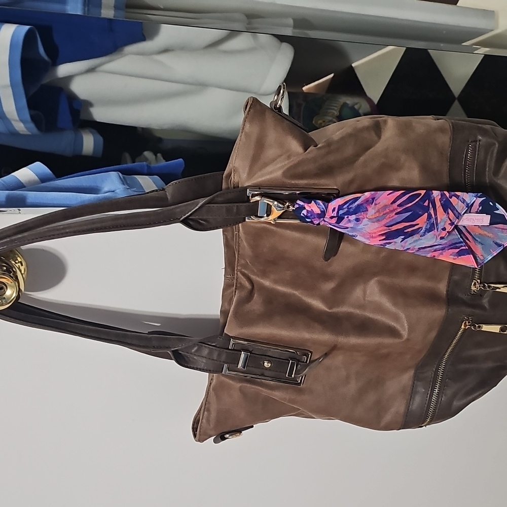 Carolina Hill Brown Faux Leather Tote Bag Includes Lilly Pulitzer Scarf Tie